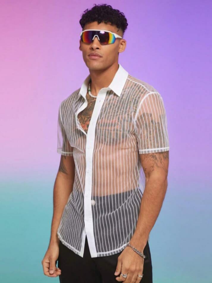 Bonga Boys Men's Striped Button Down Semi Sheer Sexy Summer Casual Short Sleeve Shirt